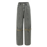 Fashionable Straight Leg Jeans with Tassel Buttons