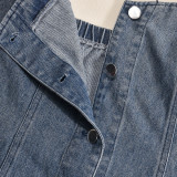 Hollow Zippered Suspender Wrapped Chest Denim Washed Jumpsuit