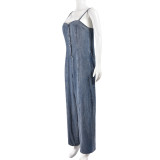 Hollow Zippered Suspender Wrapped Chest Denim Washed Jumpsuit