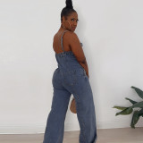 Hollow Zippered Suspender Wrapped Chest Denim Washed Jumpsuit
