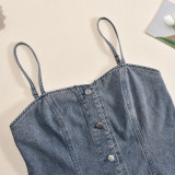 Hollow Zippered Suspender Wrapped Chest Denim Washed Jumpsuit