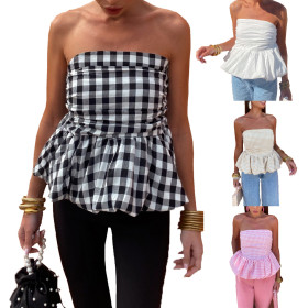 Solid Color Plaid Strapless Puffy Top