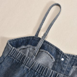 Hollow Zippered Suspender Wrapped Chest Denim Washed Jumpsuit