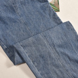 Hollow Zippered Suspender Wrapped Chest Denim Washed Jumpsuit