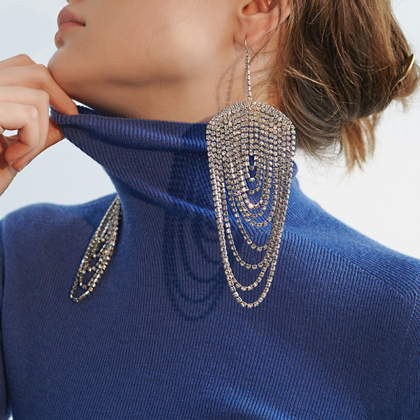 Multi Layered Tassel Earrings with Exaggerated Rhinestone Earrings