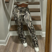 Spliced Camouflage Printed High Waisted Contrasting Casual Pants