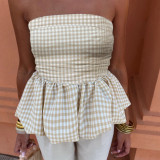 Solid Color Plaid Strapless Puffy Top
