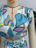 Printed V-neck Sleeveless Pleated High Waisted Wide Leg Shorts Two-piece Set