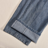 Hollow Zippered Suspender Wrapped Chest Denim Washed Jumpsuit