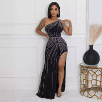 Hot Diamond Sleeveless Oblique Shoulder Split Wrap Hip Elastic Dress