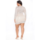 Solid Color Sexy Deep V-neck Long Sleeved Slim Fitting Sequin Dress