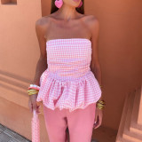 Solid Color Plaid Strapless Puffy Top