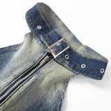 Fashion Sleeveless Hanging Neck Open Back Washed and Worn Out Denim Tank Top