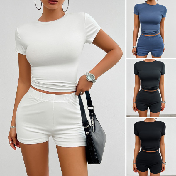 Solid Color Slim Fit Short Sleeved Shorts Set