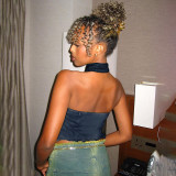 Fashion Sleeveless Hanging Neck Open Back Washed and Worn Out Denim Tank Top