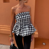 Solid Color Plaid Strapless Puffy Top