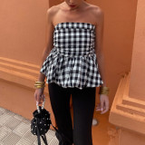 Solid Color Plaid Strapless Puffy Top