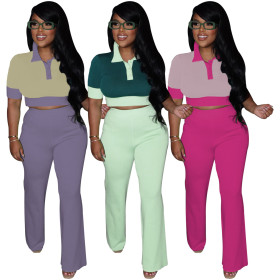 Combination Color Contrasting POLO Collar Short Sleeved Top Wide Leg Long Pants Fashion Set