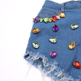 Brushed Fringe Denim Shorts, Colorful Diamond Jeans