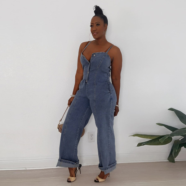 Hollow Zippered Suspender Wrapped Chest Denim Washed Jumpsuit