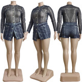 Two Piece Set of Imitation Denim Printed Mesh Jumpsuit and Half Skirt