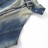 Fashion Sleeveless Hanging Neck Open Back Washed and Worn Out Denim Tank Top