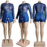 Two Piece Set of Imitation Denim Printed Mesh Jumpsuit and Half Skirt