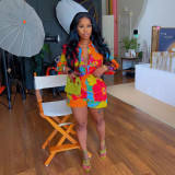 Flower Random Print Long Sleeved Shirt and Shorts Set