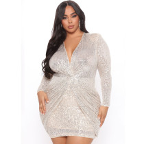 Solid Color Sexy Deep V-neck Long Sleeved Slim Fitting Sequin Dress