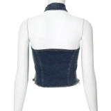 Fashion Sleeveless Hanging Neck Open Back Washed and Worn Out Denim Tank Top