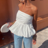 Solid Color Plaid Strapless Puffy Top