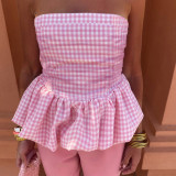 Solid Color Plaid Strapless Puffy Top