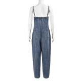 Hollow Zippered Suspender Wrapped Chest Denim Washed Jumpsuit