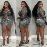 Two Piece Set of Imitation Denim Printed Mesh Jumpsuit and Half Skirt
