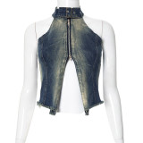 Fashion Sleeveless Hanging Neck Open Back Washed and Worn Out Denim Tank Top