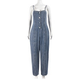 Hollow Zippered Suspender Wrapped Chest Denim Washed Jumpsuit