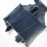 Fashion Sleeveless Hanging Neck Open Back Washed and Worn Out Denim Tank Top