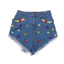 Brushed Fringe Denim Shorts, Colorful Diamond Jeans