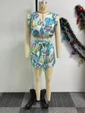 Printed V-neck Sleeveless Pleated High Waisted Wide Leg Shorts Two-piece Set