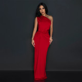 Solid Color Slanted Collar Sleeveless Slim Fit Dress