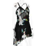 Suspender Dress V-neck Backless Printed Dress