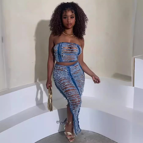 Worn Out Chest Wrap Top with Slit Long Skirt