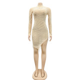 Mesh Perspective Hot Rolled Diamond Bubble Bead Tassel Round Neck Long Sleeved Dress