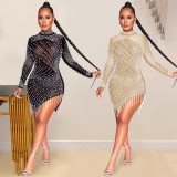 Mesh Perspective Hot Rolled Diamond Bubble Bead Tassel Round Neck Long Sleeved Dress