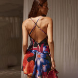 Suspender Dress V-neck Backless Printed Dress