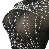 Mesh Perspective Hot Rolled Diamond Bubble Bead Tassel Round Neck Long Sleeved Dress