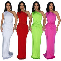 Solid Color Slanted Collar Sleeveless Slim Fit Dress
