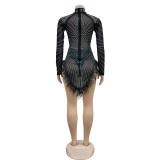 Solid Color Mesh Hot Diamond Feather Short Skirt Dress