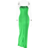 Diamond Suspender Backless Sleeveless Dress with Patchwork High Waisted Slim Fit Long Skirt