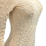 Mesh Perspective Hot Rolled Diamond Bubble Bead Tassel Round Neck Long Sleeved Dress